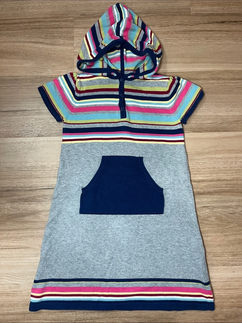 Hanna Andersson 2009 Gray Hooded Knit 100% Cotton Dress Multicolor Stripes 120